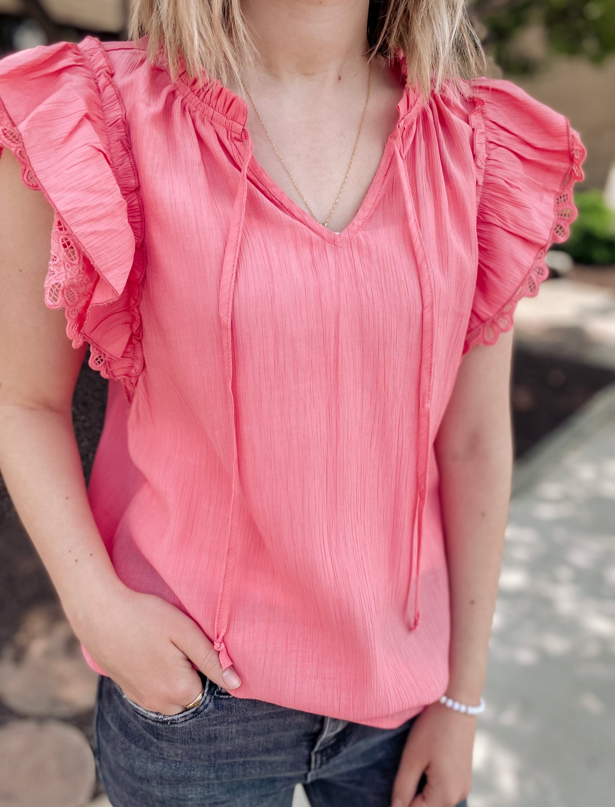 Redeeming Love Ruffle Blouse- Coral