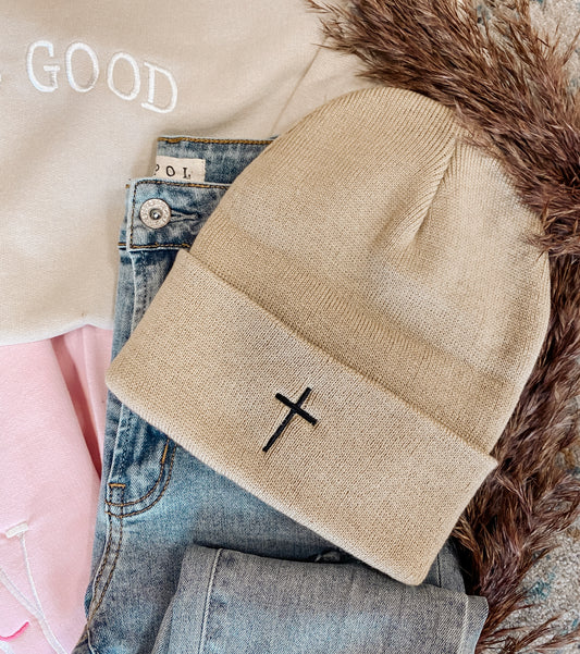 Embroidered Cross Knit Beanie