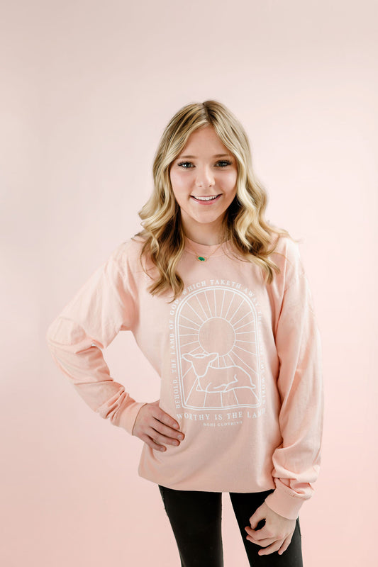 Worthy Is The Lamb Comfort Color Long Sleeve Easter Tee in Peach- ONLINE ONLY