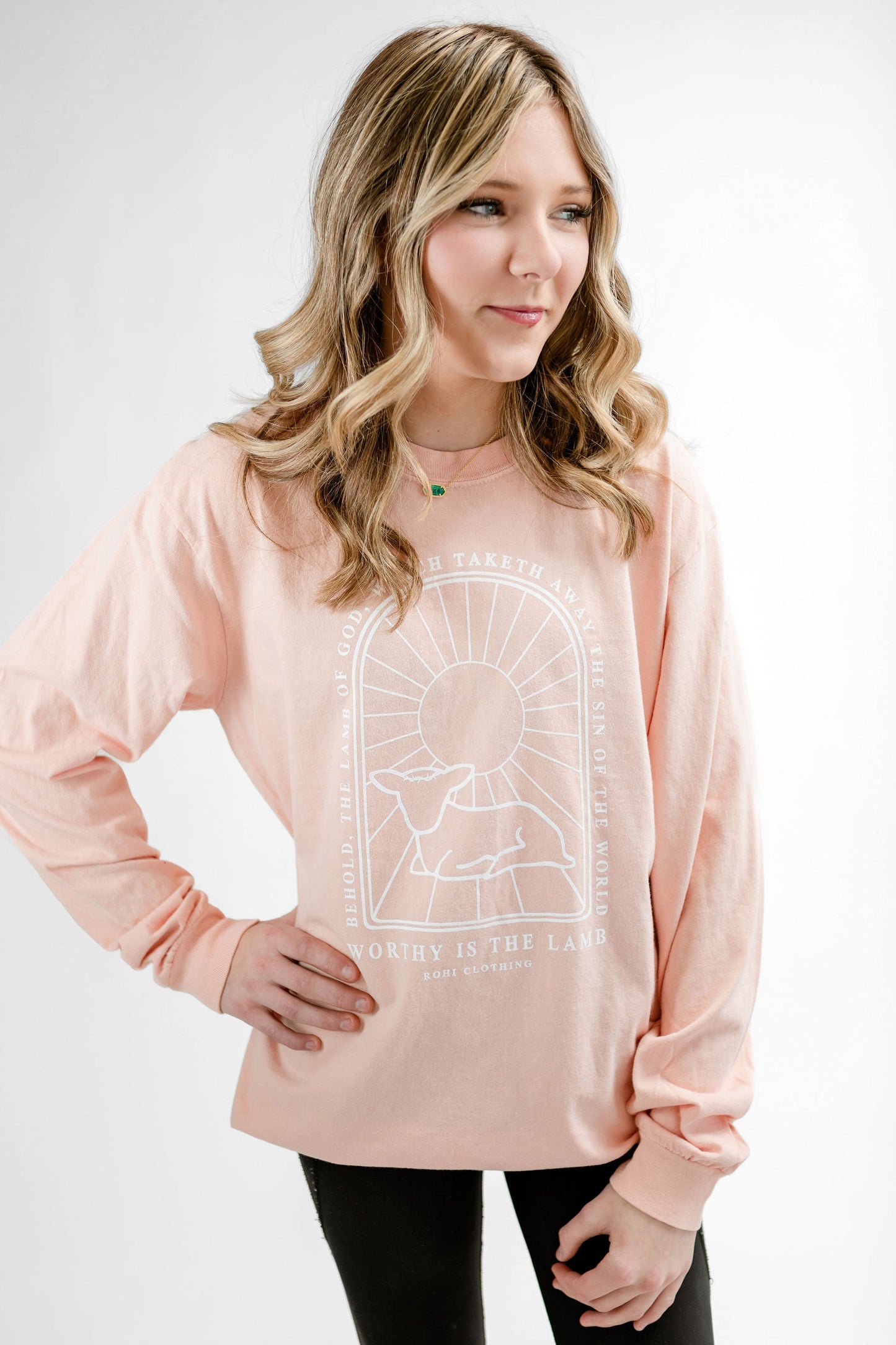 Worthy Is The Lamb Comfort Color Long Sleeve Easter Tee in Peach- ONLINE ONLY