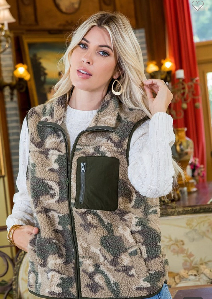 Cozy Moments Forever Sherpa Vest- Camo