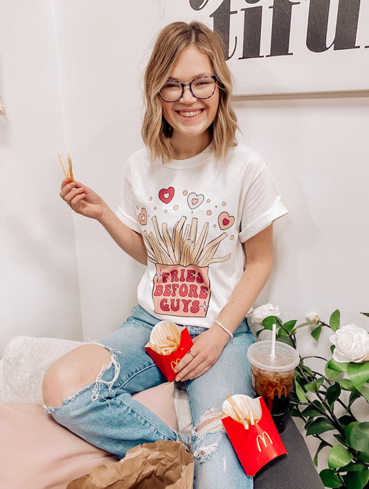 Fries Before Guys Graphic Tee- White
