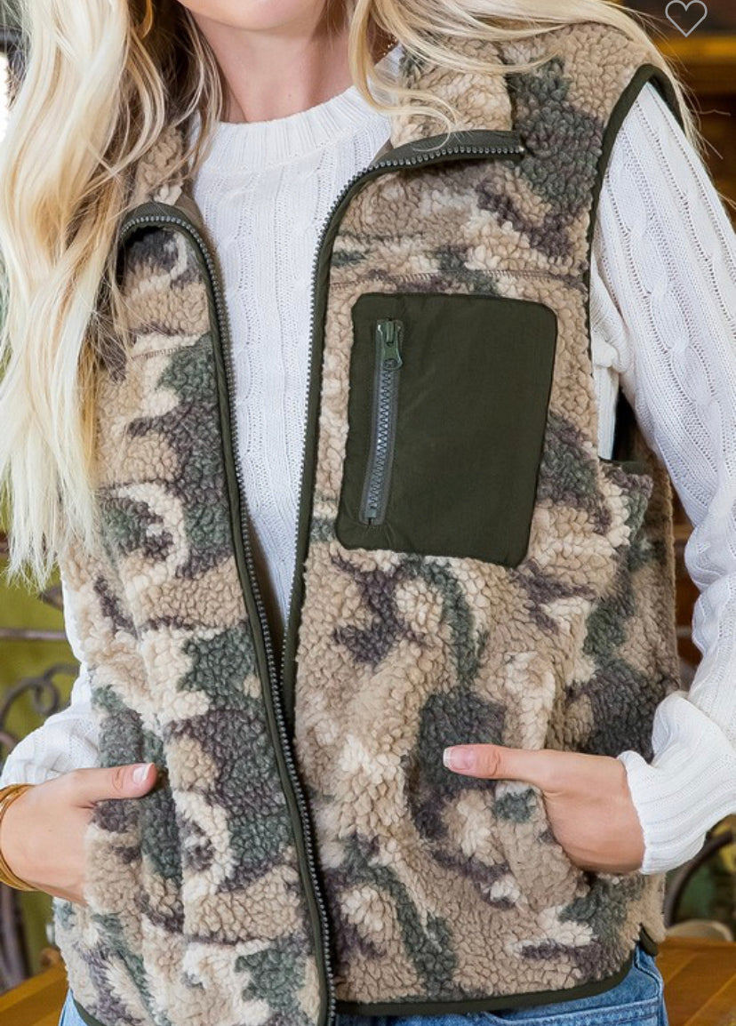 Cozy Moments Forever Sherpa Vest- Camo